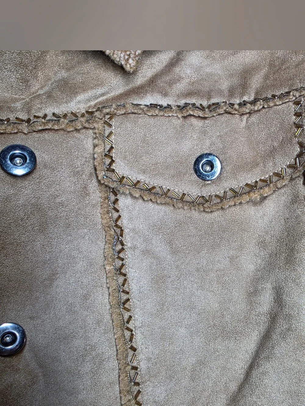 She’s USA Vintage Y2K Faux Suede Sherpa Beaded Boho Western Jacket L